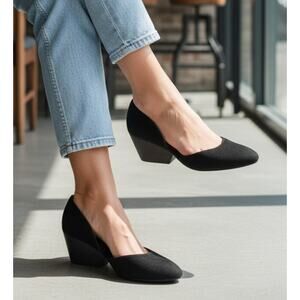 $350 EILEEN FISHER Lily Black Half D'Orsay Slip-On Wedge Pump Women's Size 9.5